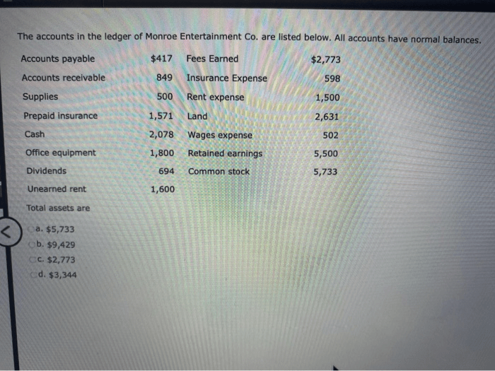 The accounts in the ledger of monroe entertainment