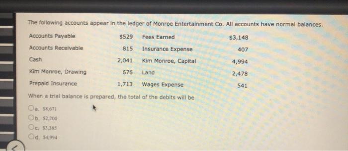 The accounts in the ledger of monroe entertainment